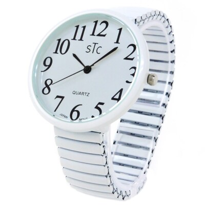 STC White Super Large Face Easy to Read Stretch Band Watch - NIB