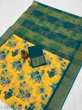 New Linen Cotton Sari With Unstitched Blouse Piece Party Wedding Wear For Women