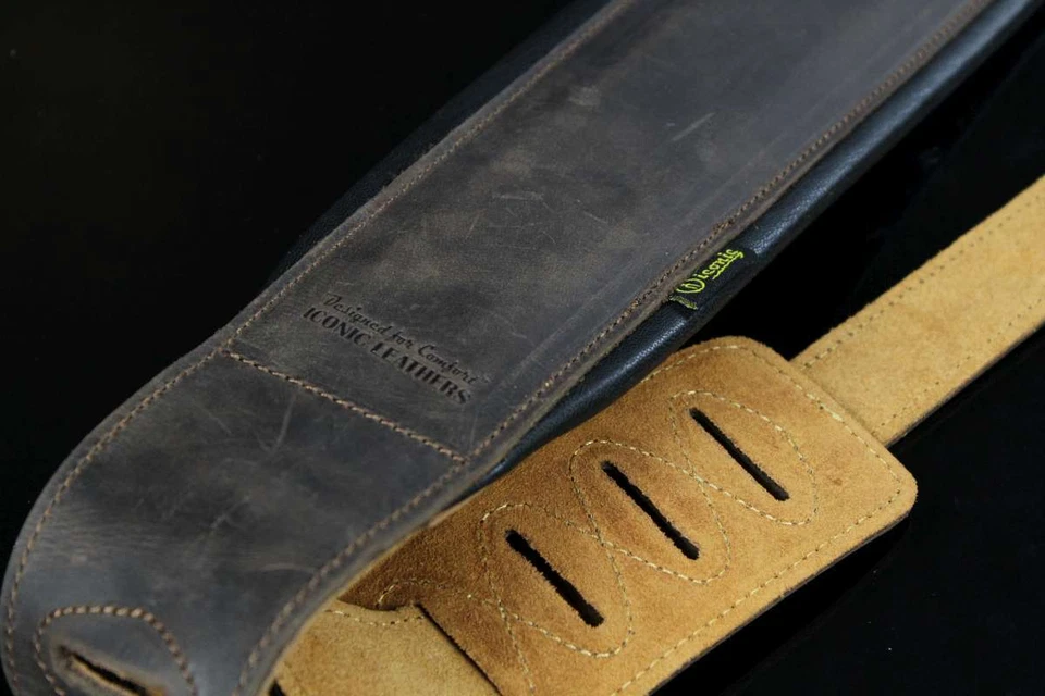 Iconic 3.25" Wide Dual Padded Leather Lightly Distressed Brown Guitar Bass Strap - Image 2 of 4