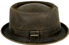 Mens Pork Pie Hat Faux Leather Distressed Look Trilby Fedora Gangster Brown Boys
