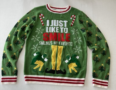 ELF Wool Ugly Christmas Sweater SMILINGS MY FAVORITE Green Red Licensed Medium