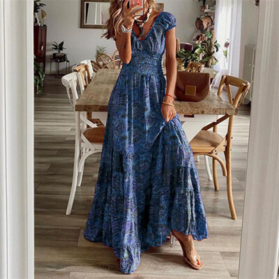 Womens Plus Size Holiday Boho Dress Ladies Summer Beach Long Maxi Dress  Sundress | eBay