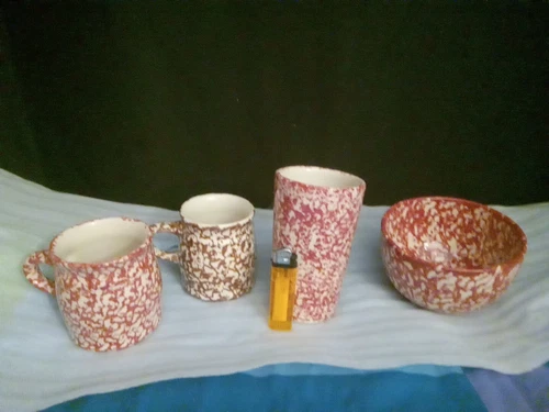 12 Pcs  Roseville Pottery RRP Co USA  Spongeware Mugs Tumblers Bowls Red