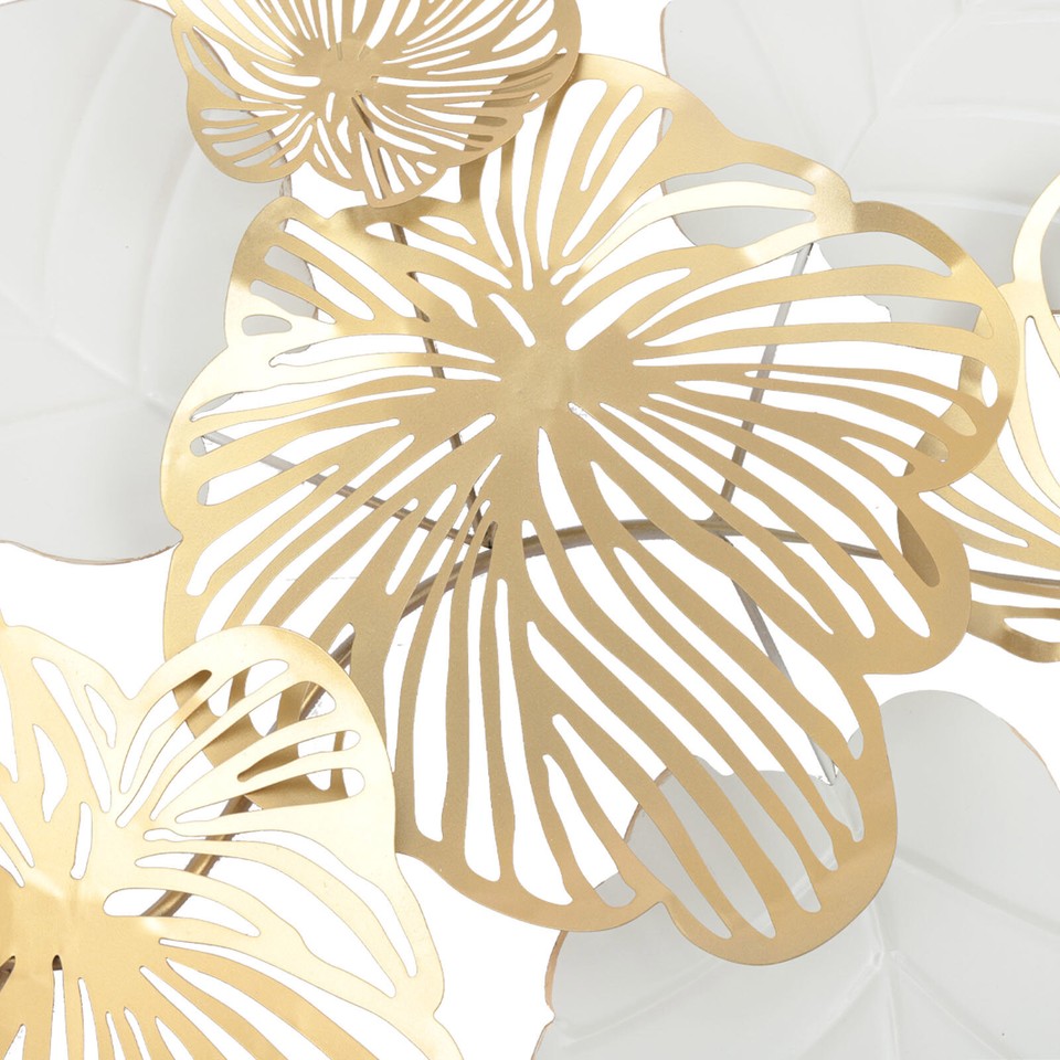 Metal Iron Flowers&Leaves Wall Art Large White+Gold Sculpture Hanging