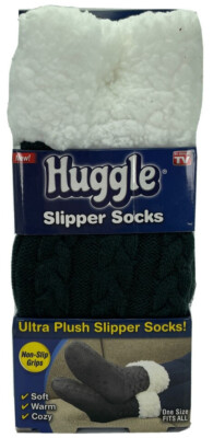 Huggle Ultra Plush Lined Slipper Socks - Charcoal Gray Cable Knit - Non Slip NEW