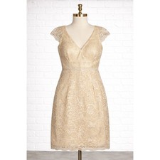 Jenny Yoo Anthropologie Lace Sheath Dress Womens 10 Champagne V Neck Cap Sleeve