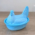 Westmoreland Hen on Nest Blue Milk Glass Covered Dish Vintage Collectible Mint