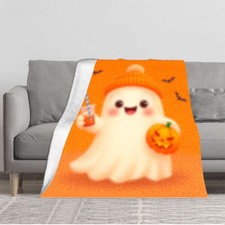 Cozy Flannel Blanket with Cute Ghost  Pumpkin Design - Soft Warm