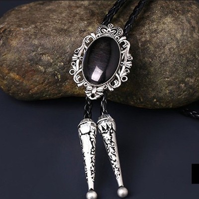 Vintage Black Agate  Bolo Tie Mens Wedding Necklace Western Cowboy bolo knife