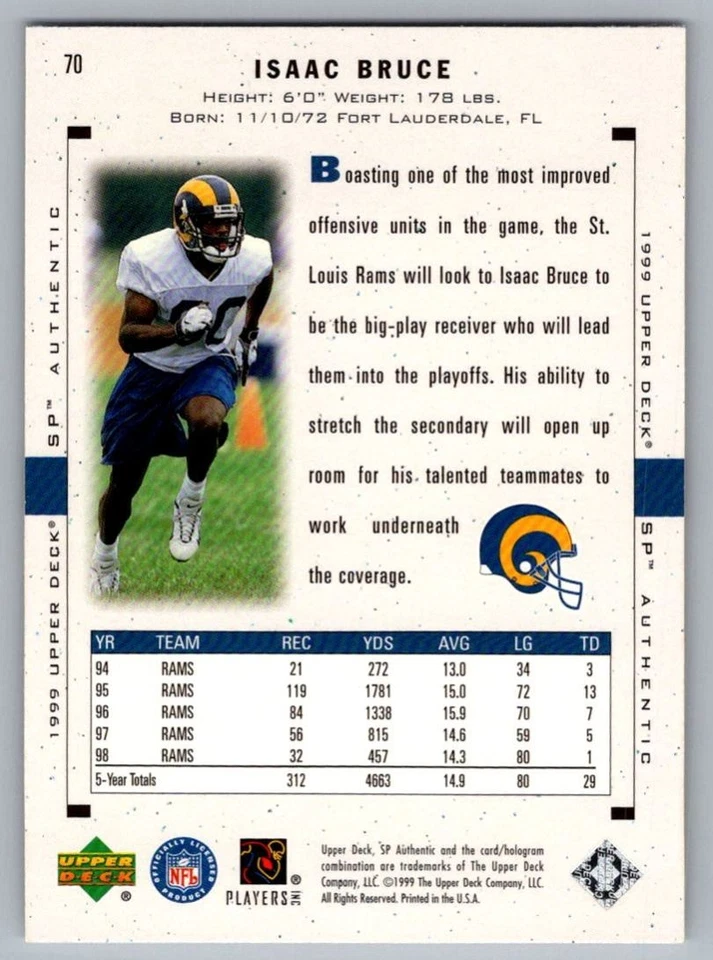 1999 SP Authentic Isaac Bruce St. Louis Rams #70 - Image 2 of 2