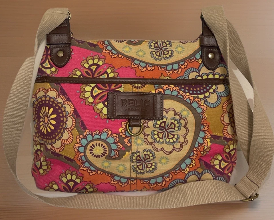 Relic By Fossil Crossbody Shoulder Bag Canvas & Leather Adjustable Paisley Purse - Image 3 of 4