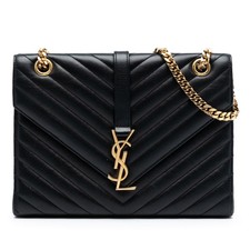 Authenticated Saint Laurent Medium Chevron skin Monogram Envelope Bag Black
