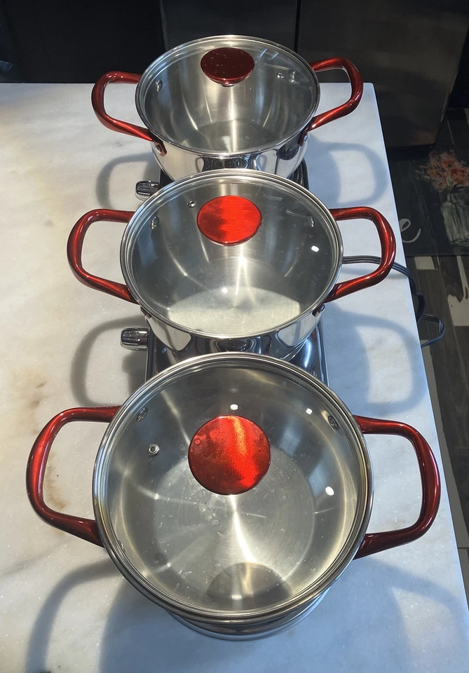 Kalorik Stainless Steel Triple Buffet Burner w/Pots, Lids & Lid Rest - Red - Image 3 of 4