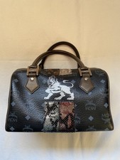 MCM Black Leather Boston Bag with Lion Motif ...