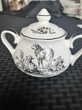 Tabletops Unlimited New England Toile Sugar Bowl, Pastoral Pattern With Lambs