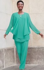 3X PLUS Ashro Raevyn 3 Pc Blue Sheer Chiffon Layered Tank Jacket  Pant Suit Set