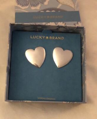 Lucky Brand Silver Tone Flat Smooth Heart Stud Earrings NIB