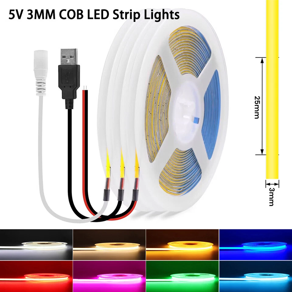 5V 3MM Thin COB LED Strip Lights Warm White Flexible Tape for Room Bar TV Indoor - Image 2 of 4