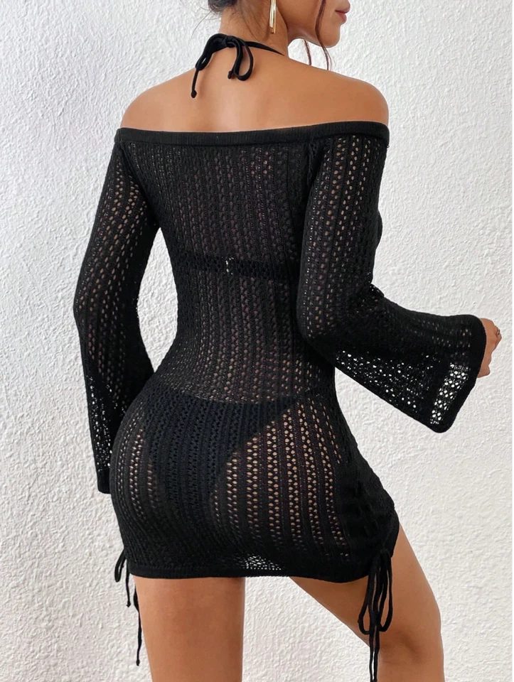 Essnce Hollow-Out Knit Off Shoulder Sheer Cover-Up Beach/Resort Wear Sz XS S M L - Image 2 of 4