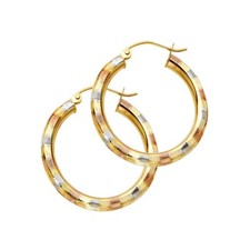 Gold 14K Tri Color Gold 3mm Diamond Cut Hoop Earrings