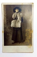 RPPC Lady with Wild FOX Fur Coat Fox Fur Hand Muff Arm Warmer