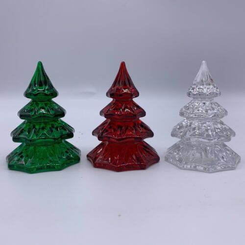 3 Waterford Crystal 3" Christmas Trees Red, Green, Clear - Afbeelding 1 van 9