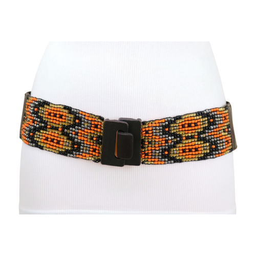 Women Brown Elastic Vintage Look Belt Orange Gold Black Beads Wood Buckle S M - Picture 11 of 24