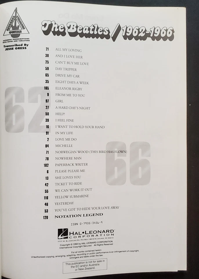 The Beatles 1962 - 1966 Guitar Tab Piano Sheet Music Song Book - Image 2 of 4