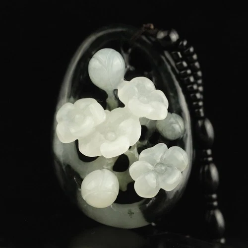 Pure Natural du shan Jade Hand Carved flower hollow out Plum blossom pendant #28