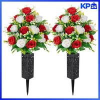 KüNstliche Friedhofsblumen 2 SträUßE Mit Vase Rot Weiß Grabschmuck Deko