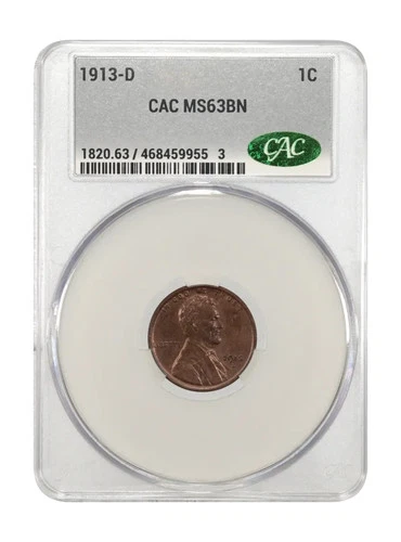 1913 D Small Cents Lincoln, Wheat Ears Reverse CACG MS 63 BN CAC