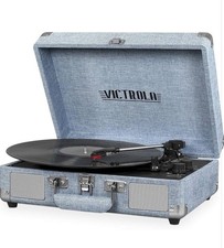 Victrola BT Suitcase Record Player With 3 Speed Turntable - Denim Blue Linen 