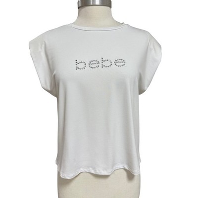 Y2K Bebe Rhinestone Logo White Stretch Tee Top Size Large 2000s Crystal Bling Sh