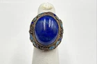 925 Gold Plated Silver Vintage Ring W/ Lapis & Enamel Design