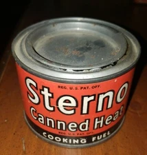 Vtg Sterno Canned Heat Instant Cooking Fuel Tin Can Paper Label Embossed Lid
