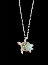 Sterling Silver Abalone Inlay Sea Turtle Pendant 18  Chain 925