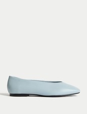 Marks & Spencer Womens Blue Leather Flat Ballerina Women Shoes - M&S