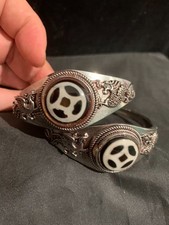 2Pcs Tibetan Silver *Dragon/Phoenix* Inlay Agate Dzi Disc Bead Bangle Bracelets