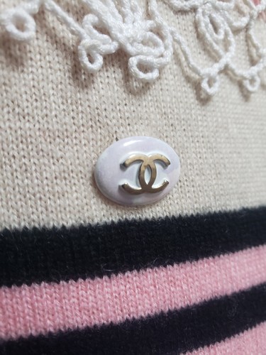 Chanel Ivory, Pink, Black Striped w/ Lace Applique Cashmere Dress Sz 46 - Picture 5 of 8