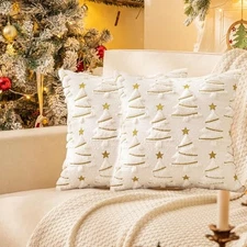  White Christmas Tree Pillow 18" x 18" (Pack of 2) White + Gold Stars