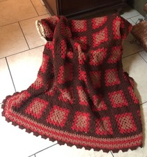 Granny Square Crochet Brown Red Tan Afghan Blanket 49 x53
