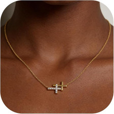 Cross Necklace for Women Double Cross Gold Plated Charm Dainty Rhinestone Neckla