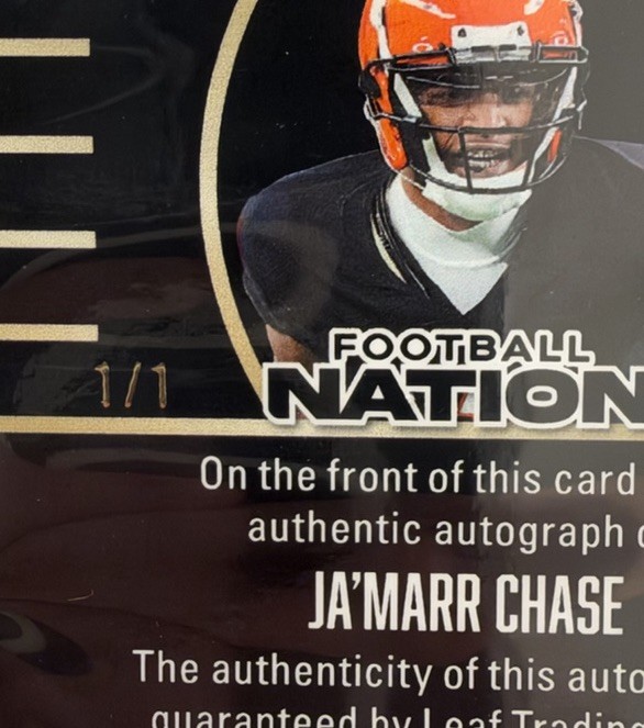 2025 Leaf Football Nation Gridiron Icons Black Auto 1/1 Ja'Marr Chase #GA-JMC view 3