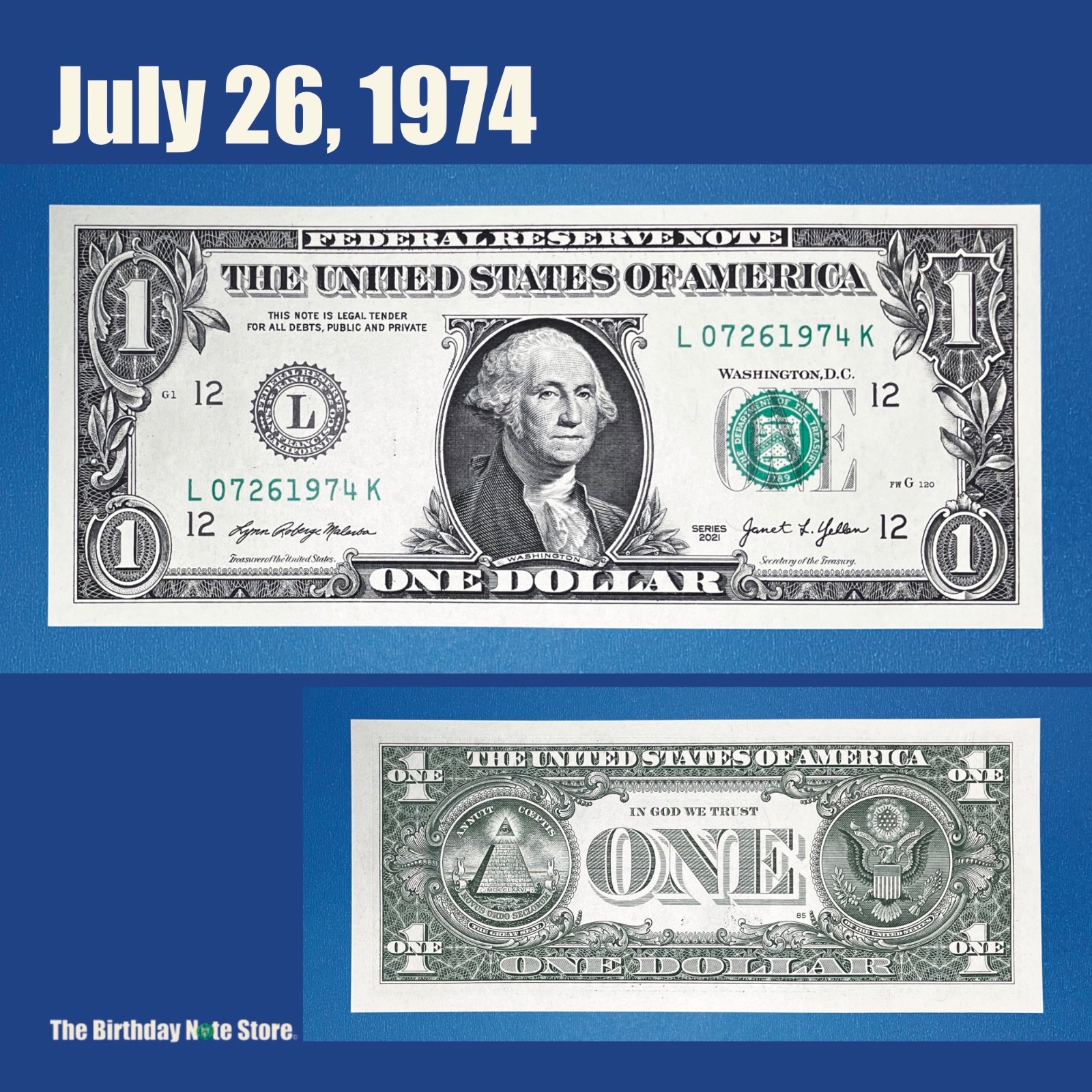 Proadic Number July 26, 1974 Birthday Anniversary $1 One Dollar Bill Serial Number ...
