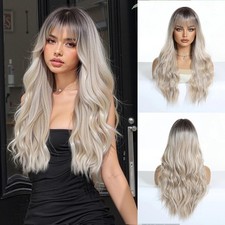 Lange gewellte ombre blonde Platin Perücke mit Pony Synthetik Hitzebeständiges Haar für