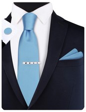 Mens Light Blue Tie set Silk Ties for Men Solid Necktie Handkerchief Cufflink...
