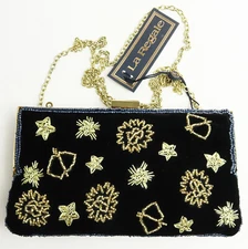 New Womens La Regale Astrology Beaded Velvet Mini Crossbody Evening Bag Clutch