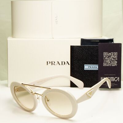 Prada White Ivory Ornate Sunglasses Leather Triangle Gold PR15SS SPR 15S UFP-3H2