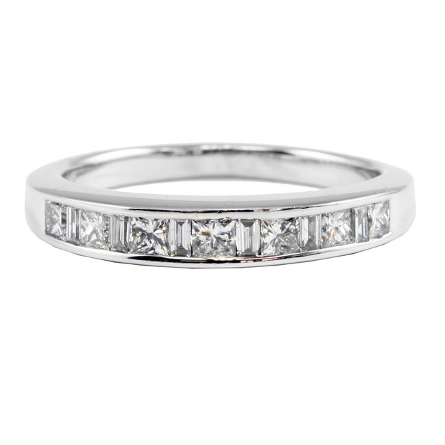 14k White Gold Princess & Baguette Diamond Band Ring Wedding
