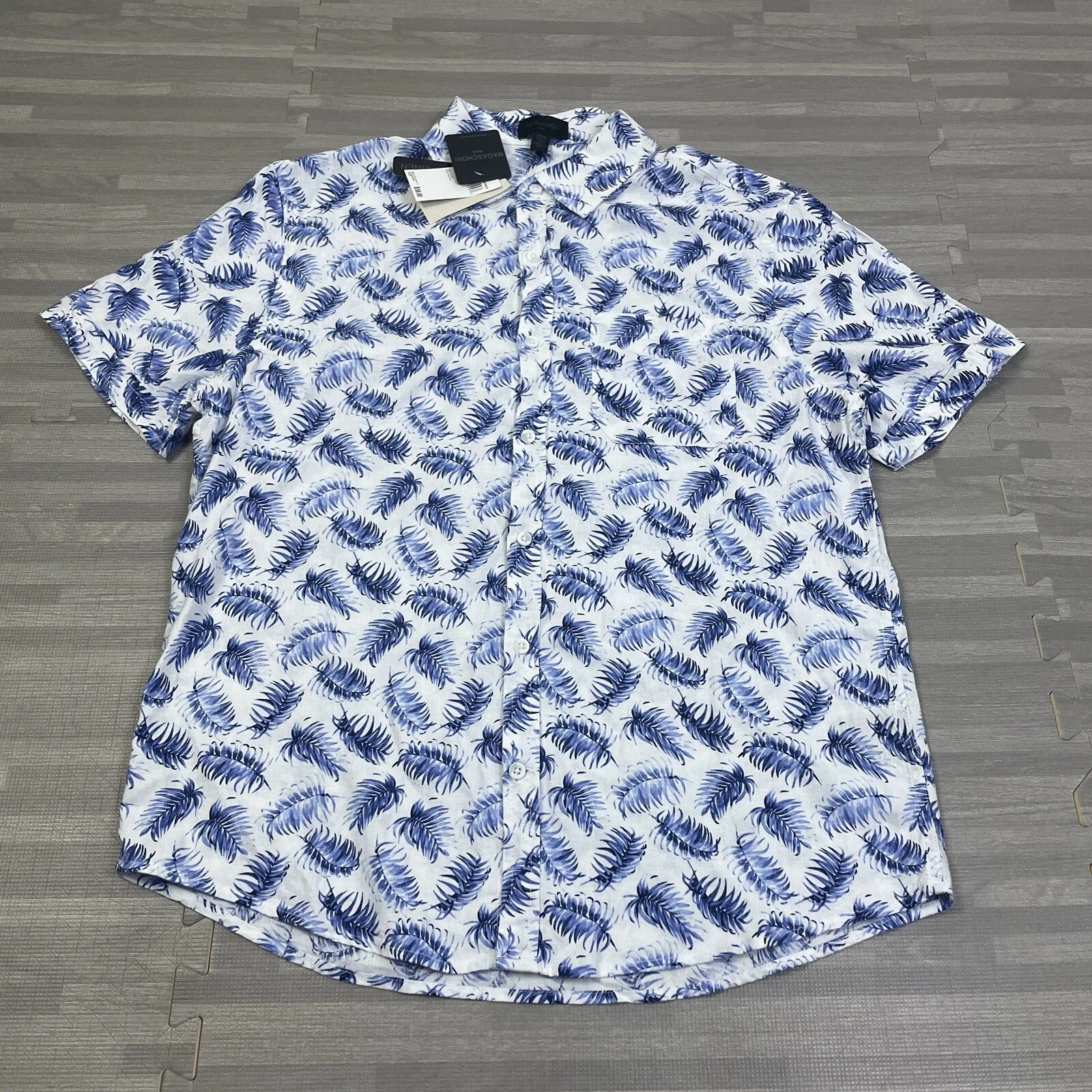 Magaschoni Linen Blend Button Up Mens M Short Sleeve Leaf Print Shirt White $58